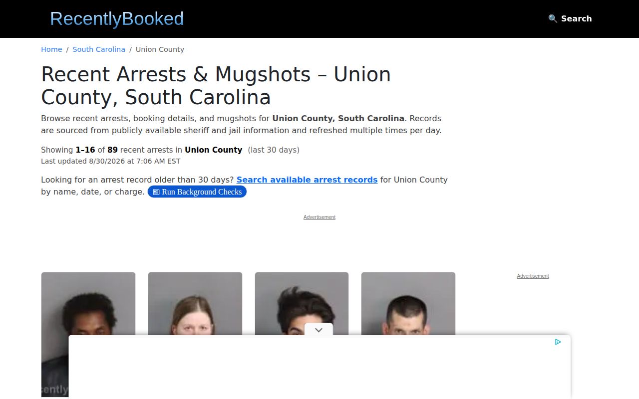 Unofficial Union County mugshot publisher page used as a secondary media landscape example